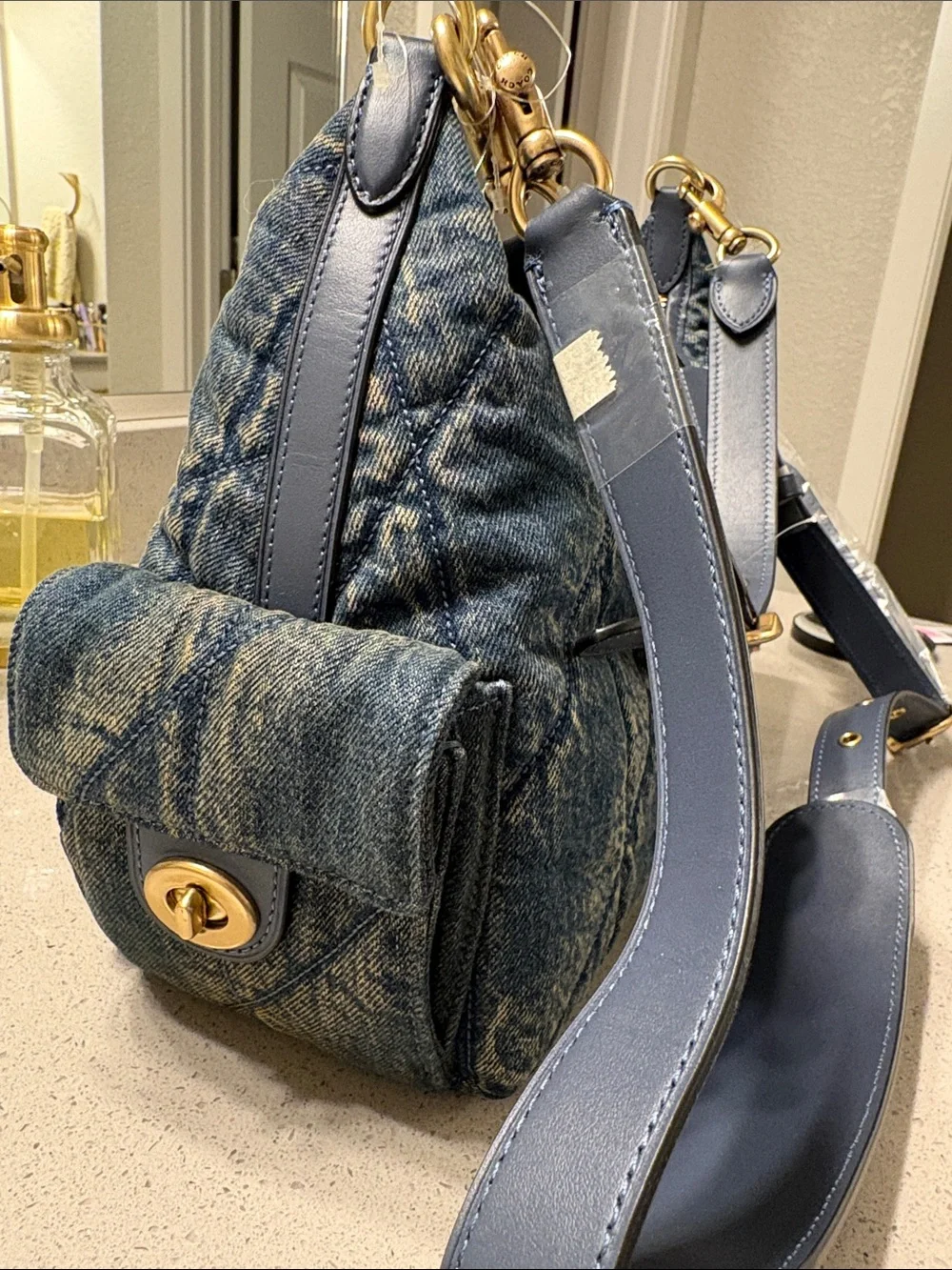 Coach Quilted Denim Shoulder Bag with Gold Hardware